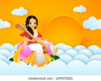 Goddess saraswati character on paper cut style cloudy background for Vasant Panchami celebration poster or banner design.