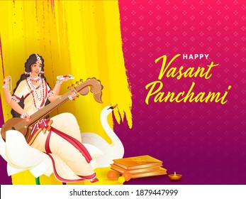 Goddess Saraswati Character Sitting On Lotus Flower With Swan Bird, Lit Oil Lamp And Holy Books For Happy Vasant Panchami Celebration.