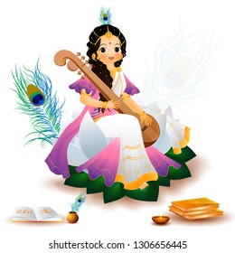 Goddess saraswati character in sitting pose on the occasion of Vasant Panchami. 