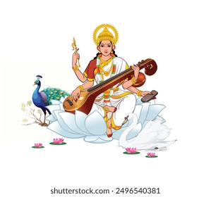  Goddess Saraswati Devi Sitting in Lotus Illustration Vector