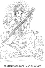 Goddess Saraswati Hindu Deity Line Art, Black and white line art illustration of the Hindu goddess Saraswati, the revered deity of knowledge, music, arts, wisdom, and learning. She is depicted