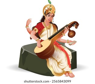 Goddess Saraswati Mata Vector Art. Hindu Goddess of Knowledge Saraswati Devi Vector Illustration