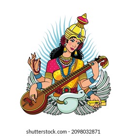 Goddess Saraswati. Sharada, Savitri, Brahmani, Bharadi, Vani, Vagdevi Vector Poster Illustration.