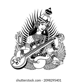 Goddess Saraswati. Sharada, Savitri, Brahmani, Bharadi, Vani, Vagdevi Vector Poster Illustration.