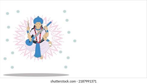 Goddess Saraswati for Vasant Panchami Puja of India. Indian goddess 'Saraswati' sitting on lotus and playing musical instrument 'veena'. Beautiful Goddess of Wisdom, music, and knowledge Maa Saraswati