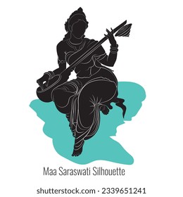 Goddess Saraswati vector Silhouette, Indian Goddess vector art, Hindu religion music worship image