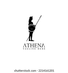 The goddess Silhouette of Athena Minerva with Shield and Spear, The Beauty Greek Roman ogo Design