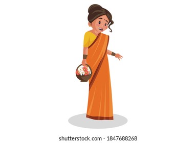 Goddess Sita is holding a basket of flowers. Vector graphic illustration. Individually on white background.