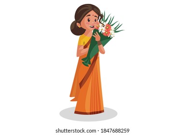 Goddess Sita is holding a flower bouquet in hands. Vector graphic illustration. Individually on white background.