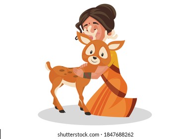 Goddess Sita is holding and hugging a deer. Vector graphic illustration. Individually on white background.