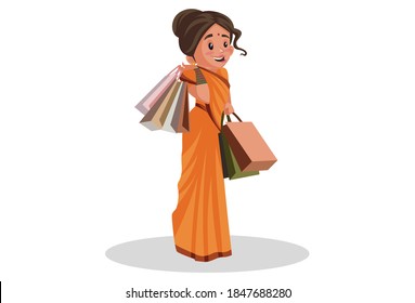 Goddess Sita is holding shopping bags in hands. Vector graphic illustration. Individually on white background.
