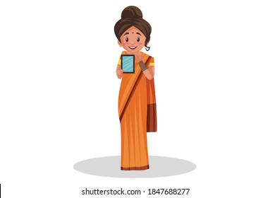 Goddess Sita is showing a mobile phone. Vector graphic illustration. Individually on white background.