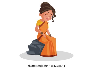 Ilustración gráfica vectorial. La diosa Sita está sentada tristemente en una roca. Individualmente sobre fondo blanco.