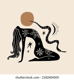 Diosa de las serpientes. Reina o princesa. Mujer con clipart de serpiente. Tatuajes de tatuaje de trabajo negro, colorantes. Ilustración vectorial dibujada a mano Aislada sobre un fondo blanco. Estilo de grabado subterráneo perturbado.