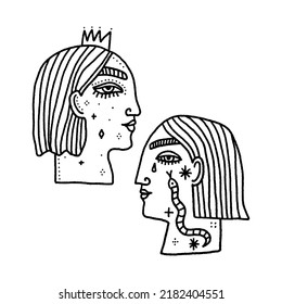 Goddess of Snakes. Queen or Princess. Woman with snake clipart. Blackwork tattoo art, coloring. Hand drawn vector illustration Isolated on a white background. Distressed underground engraving style.