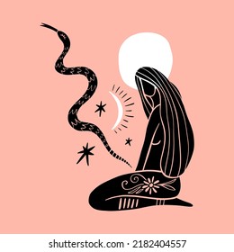 Goddess of Snakes. Queen or Princess. Woman with snake clipart. Blackwork tattoo art, coloring. Hand drawn vector illustration Isolated on a white background. Distressed underground engraving style.