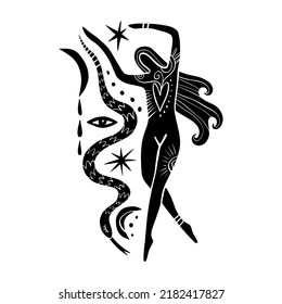 Goddess of Snakes. Queen or Princess. Woman with snake clipart. Blackwork tattoo art, coloring. Hand drawn vector illustration Isolated on a white background. Distressed underground engraving style.