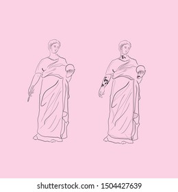 Goddess statue. Creative collage with marble statues of women with tattoo. Greek sculpture of woman. 