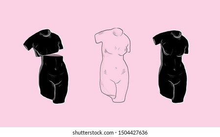 Goddess Statue. Creative Set Marble Statues Of Female Body. Greek Sculpture Of Woman. Minimal Vector Logo Design For Fitness Studio, Underwear And Swimwear Store, Body Positive Motion. 