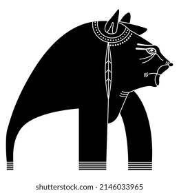 Goddess Tefnut. Ancient Egyptian mythology. Woman with lioness head. Black and white negative silhouette. Isolated vector illustration.