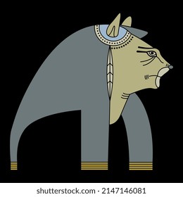 Goddess Tefnut. Ancient Egyptian mythology. Woman with lioness head. On black background.