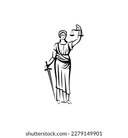 Goddess Themis isolated on white background. Lady justice with scales and sword in hand,
concept of woman law, lawyer. Justice design template