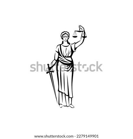Goddess Themis isolated on white background. Lady justice with scales and sword in hand,
concept of woman law, lawyer. Justice design template