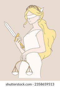 The goddess Themis, lady justice with a sword and beam balance of justice  in hands. Hand drawn flat cartoon character vector illustration.