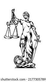 goddess themis, lady justice, symbol of justice, scales and sword, statue.  vector illustrations.  icons, mascots, logos, etc.