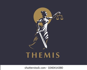 The goddess Themis with a sword of justice and weights in her hands. Vector emblem.