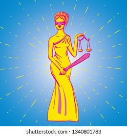 The goddess Themis with a sword of justice and weights in her hands. Vector card in pop art colors.