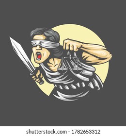 The goddess Themis with a sword of justice and weights in her hands. screaming emotion. Vector illustration