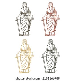 The Goddess Themis With A Sword Of Justice And Weights In Her Hands Vector illustration. A Symbol Of Justice
