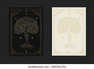 Goddess of tree dancing at the mystical night full of star, in engraving, hand drawn, line art, luxury, celestial, esoteric, boho style