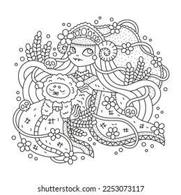 Goddess of wheat fields. Cute farm girl with sheep. Little demon with horns. Flower, ears. Summer nature. Coloring page for kids. Cartoon vector illustration. Isolated on white. Black and white colors