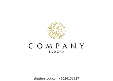 Goddess woman logo with crescent moon decorated with stars in gold line art design style