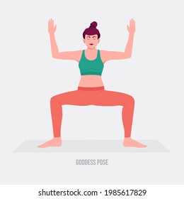Goddess Yoga pose. Young woman practicing yoga  exercise. Woman workout fitness, aerobic and exercises. Vector Illustration.