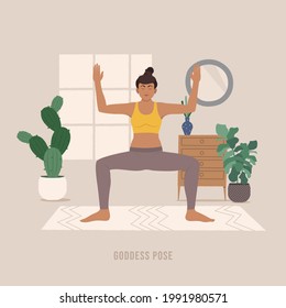 Goddess Yoga pose. Young woman practicing yoga  exercise. Woman workout fitness, aerobic and exercises. Vector Illustration.