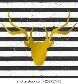 Goden deer head on a hand drawn style seamless striped pattern. Vintage abstract repeat pattern in black and white.