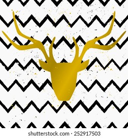 Goden deer head on a hand drawn style seamless chevron pattern. Vintage abstract repeat pattern in black and white.