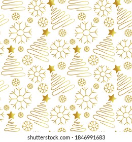 Modalidad sin fisuras de oro con árboles de navidad y copos de nieve brillante para tejidos, papel, textiles, envoltura de regalo aislados en fondo blanco