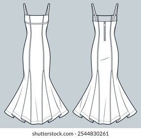 Godet Dress ilustração de moda técnica. Maxi Vestido moda plana modelo de desenho técnico, alças, zíper, ajuste fino, frente e vista traseira, branco, mulheres CAD mockup.