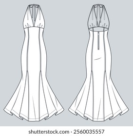 Godet Dress technical fashion illustration. Halter Maxi Dress fashion flat technical drawing template, zipper, ties, slim fit, front and back view, white, women CAD mockup.