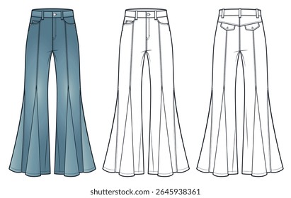 Ilustração técnica da moda de Godet Feighs. Modelo de desenho técnico plano de moda Calças de Denim, ajuste flred, comprimento total, frente, vista traseira, branco, vintage azul, mulheres, homens, maquete CAD unissex.