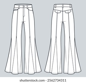 Godet Jeans technical fashion illustration. Flared Denim Pants fashion flat technical drawing template, flared fit, full length, front and back view, white, women, men, unisex CAD mockup.