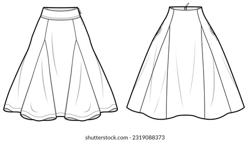 Godet Skirt, Paneled Skirt, Women Flared Skirt  Fashion Illustration, Vector, CAD, Technical Drawing, Flat Drawing, Template, Mockup.	