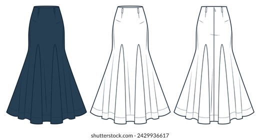 Godet Skirt technical fashion illustration. Maxi Skirt fashion flat technical drawing template, flared, fitted, back zipper, front and back view, white, dark blue, women CAD mockup set.