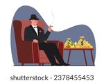 Godfather mob boss sits in chair with cigar in his hand. Man in black suit and hat smoking, stack of coins and gold, dollar banknotes. Gangster and rich man cartoon flat isolated vector concept