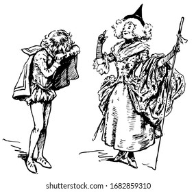 Godmother, Godmother telling something to man standing in front of her, vintage line drawing or engraving illustration
