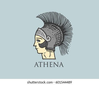 Godness Athena logo ancient Greece, antique symbol vintage, engraved hand drawn in sketch or wood cut style, old looking retro
